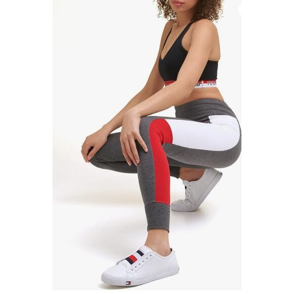 TOMMY HILFIGER SPORT Women's Performance Leggings Large Gray Flag Blocked NWT - Picture 3 of 16